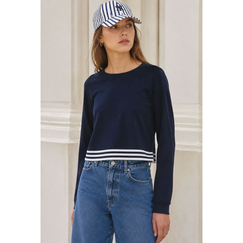 Anthropologie All Fenix Crewneck Cropped Silouhette Navy Sweatshirt M NWOT